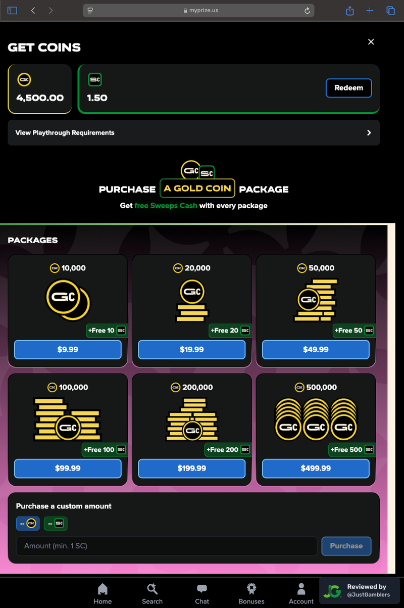 Tablet screenshot of the coin purchase process at MyPrize US.