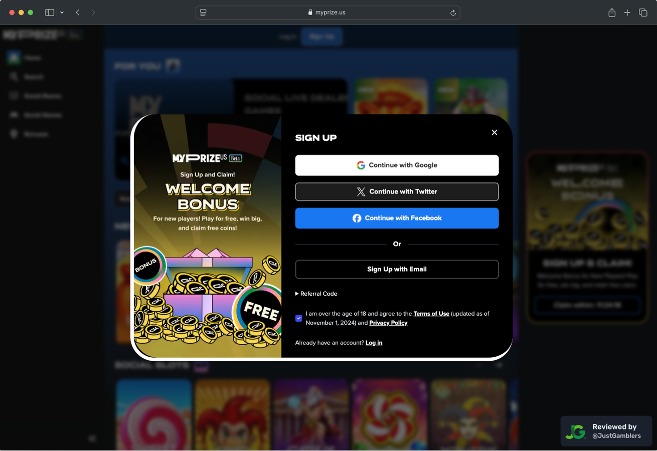 Desktop screenshot of the registration page at MyPrize US.