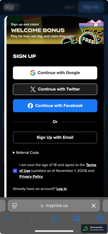 Mobile screenshot of the registration page at MyPrize US.