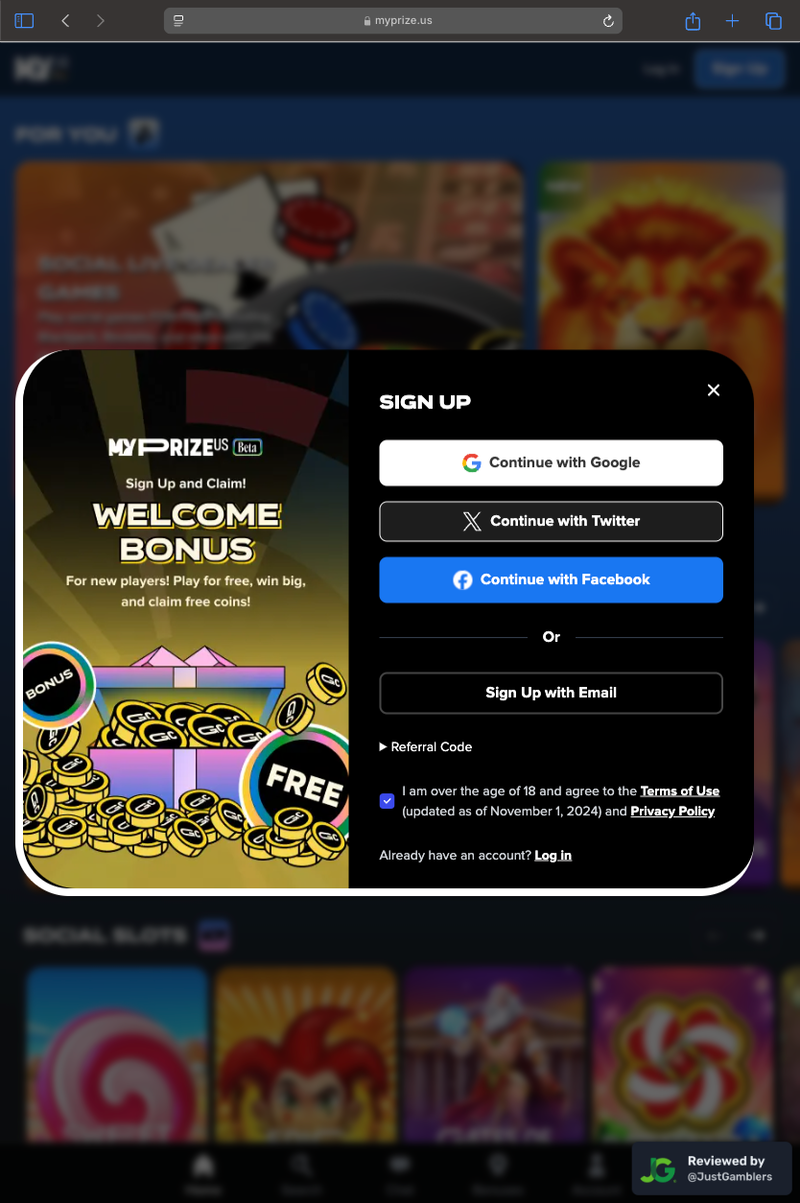 Tablet screenshot of the registration page at MyPrize US.