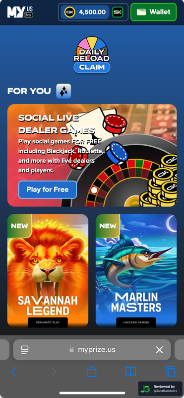 Mobile screenshot of the starting page at MyPrize US.