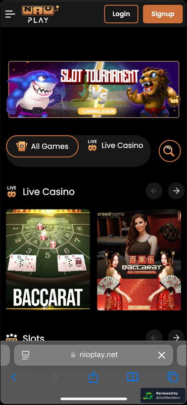 Mobile screenshot of the starting page at Nioplay.