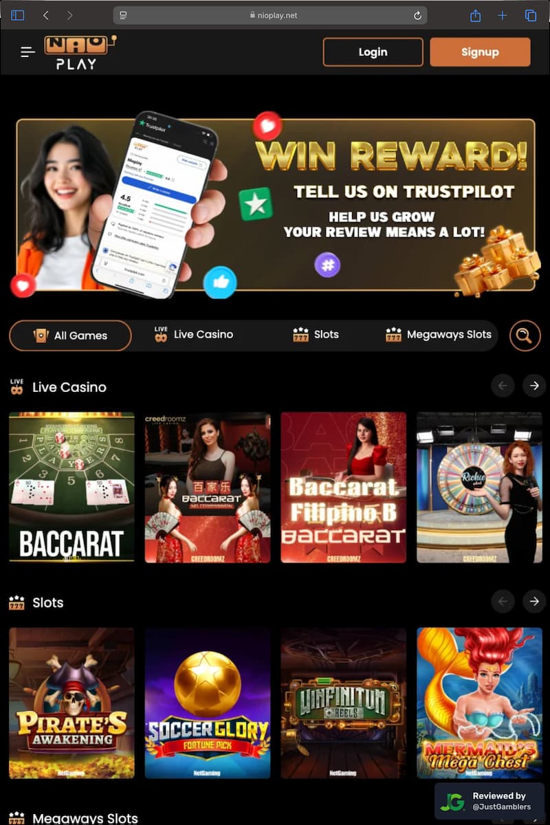 Tablet screenshot of the starting page at Nioplay.