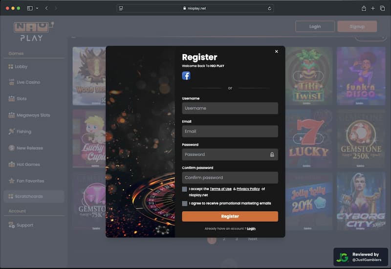 Desktop screenshot of the registration page at Nioplay.
