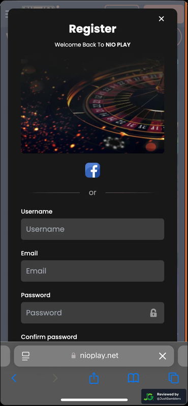 Mobile screenshot of the registration page at Nioplay.