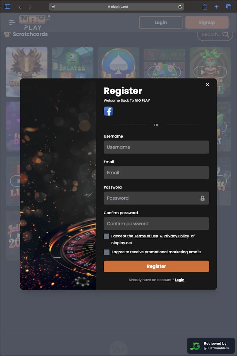 Tablet screenshot of the registration page at Nioplay.
