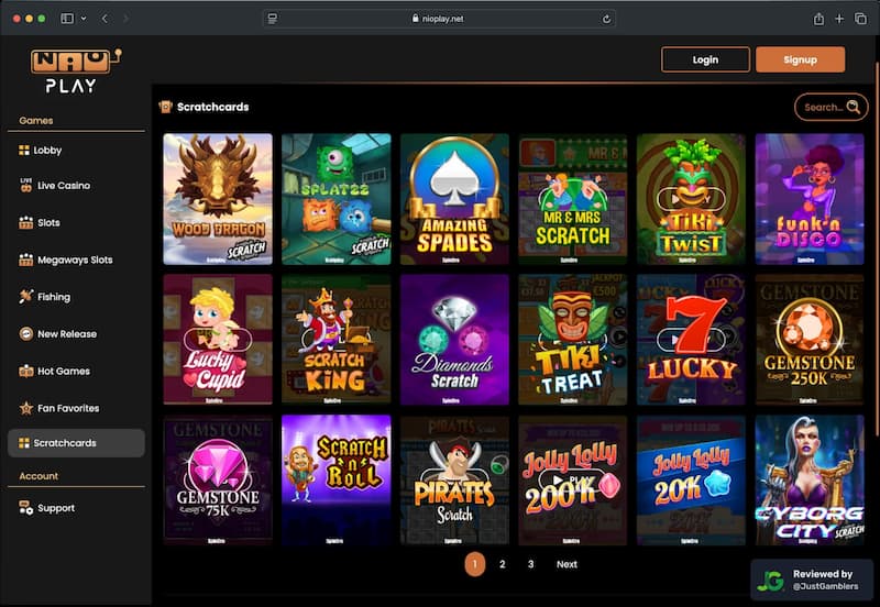 Desktop screenshot of the scratchcard page at Nioplay.