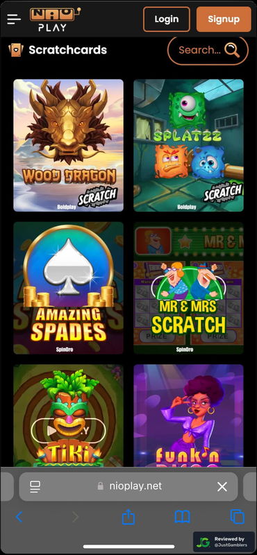 Mobile screenshot of the scratchcard page at Nioplay.