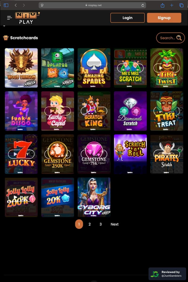 Tablet screenshot of the scratchcard page at Nioplay.