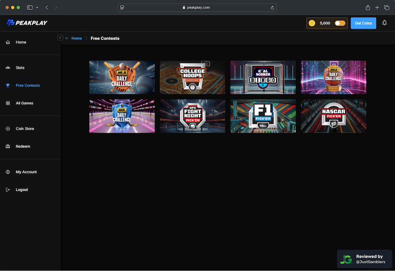 Desktop screenshot of the promo page at PeakPlay.