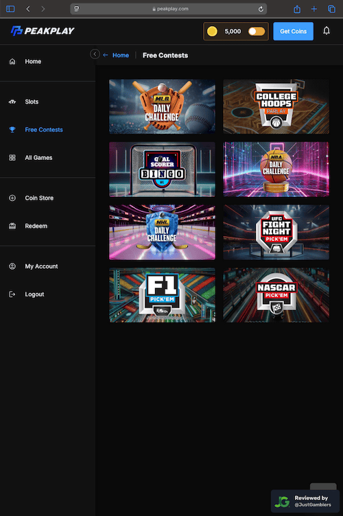 Tablet screenshot of the promo page at PeakPlay.