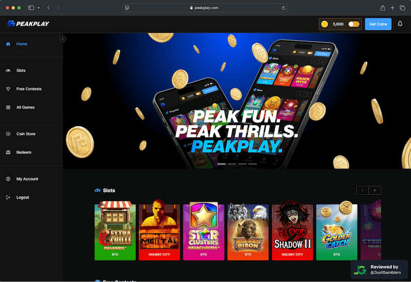 Desktop screenshot of the starting page at PeakPlay.