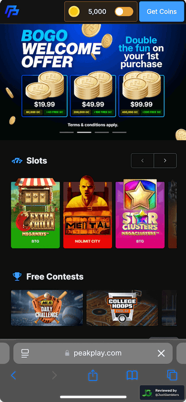 Mobile screenshot of the starting page at PeakPlay.