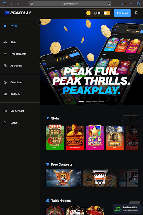 Tablet screenshot of the starting page at PeakPlay.