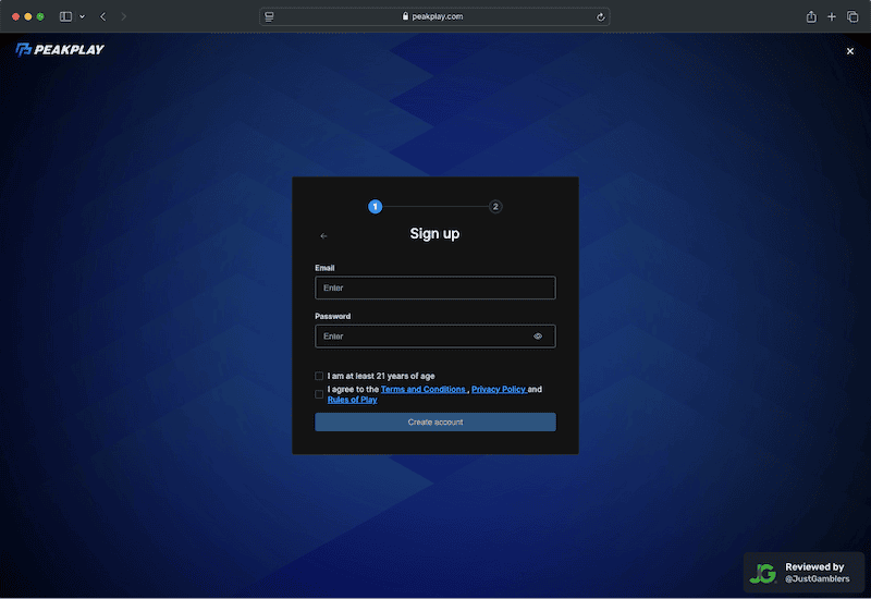 Desktop screenshot of the registration page at PeakPlay.