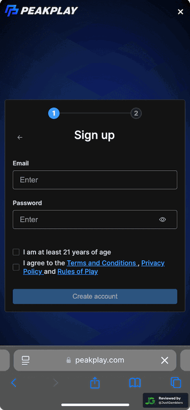 Mobile screenshot of the registration page at PeakPlay.