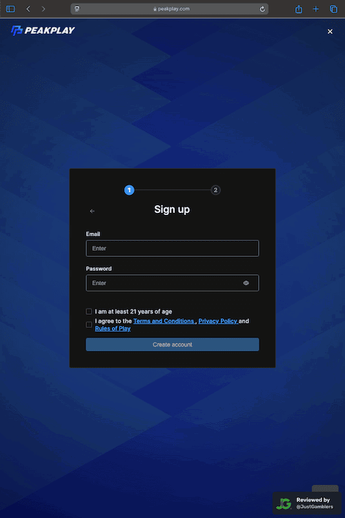Tablet screenshot of the registration page at PeakPlay.