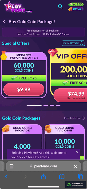 Mobile screenshot of the coin purchase process at PlayFame.