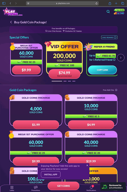 Tablet screenshot of the coin purchase process at PlayFame.