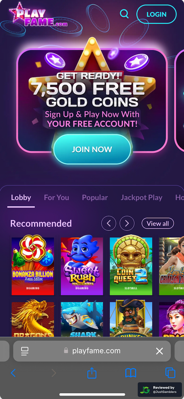Mobile screenshot of the starting page at PlayFame.