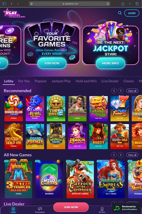 Tablet screenshot of the starting page at PlayFame.