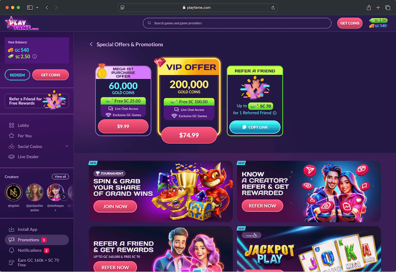 Desktop screenshot of the promo page at PlayFame.