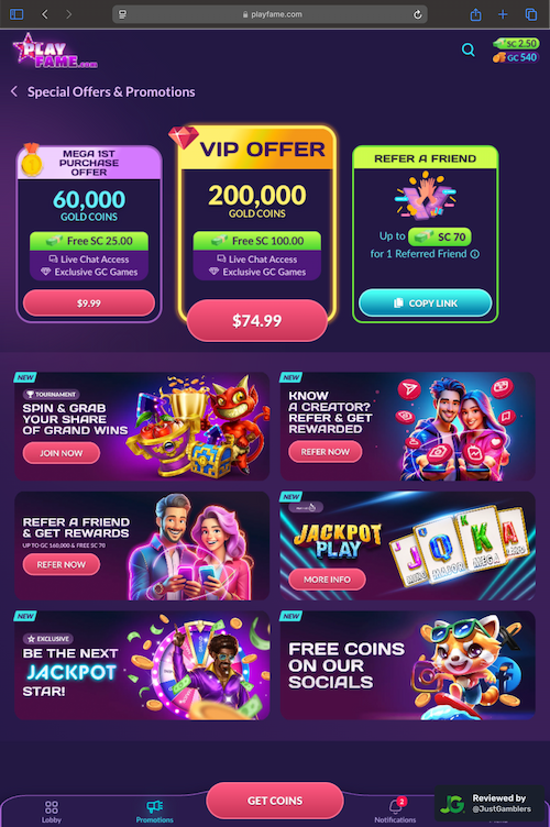 Tablet screenshot of the promo page at PlayFame.