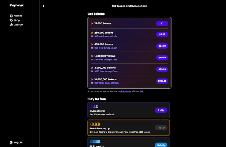 Desktop screenshot of the coin purchase process at Playnomic.
