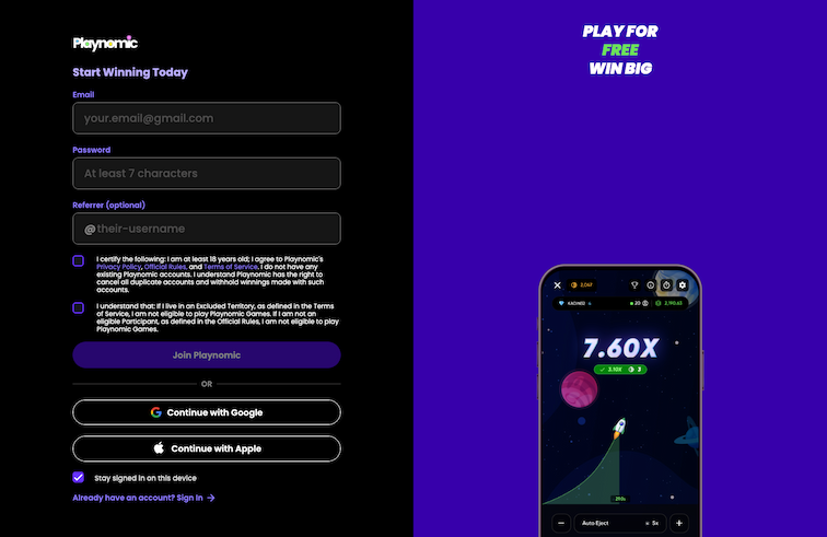 Desktop screenshot of the registration page at Playnomic.