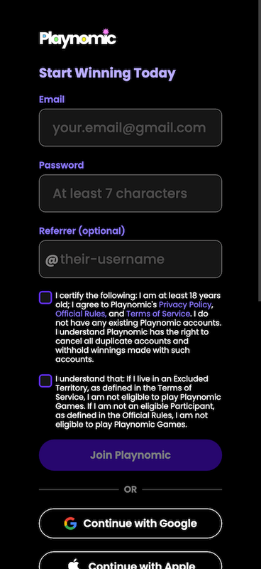 Mobile screenshot of the registration page at Playnomic.creenshot of the promo page at Playnomic.