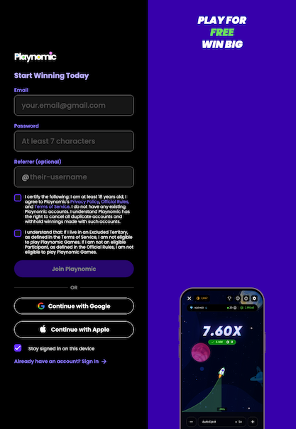 Tablet screenshot of the registration page at Playnomic.