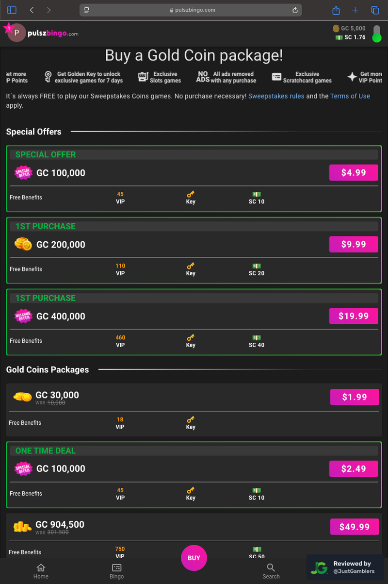 Tablet screenshot of the coin purchase process at Pulsz Bingo.
