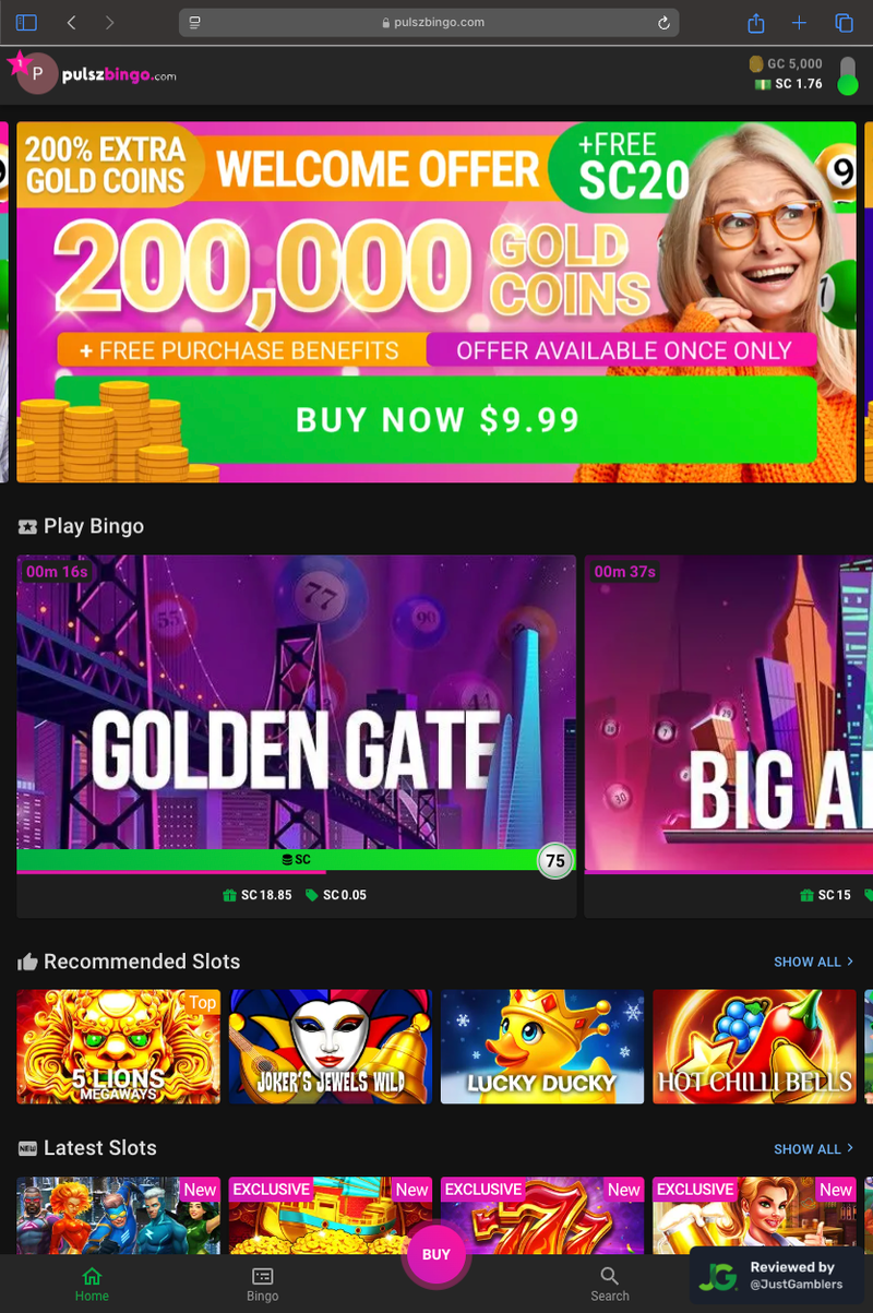 Tablet screenshot of the starting page at Pulsz Bingo.