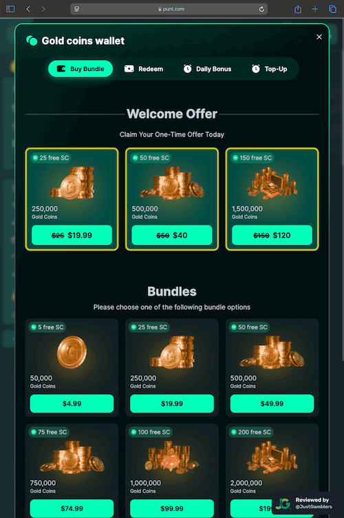 Tablet screenshot of the coin purchase process at Punt.