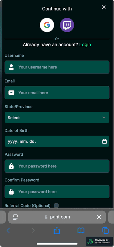 Mobile screenshot of the registration page at Punt.