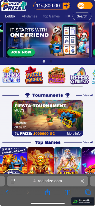 Mobile screenshot of the starting page at RealPrize.