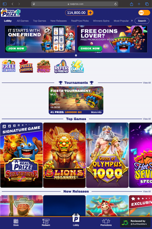 Tablet screenshot of the starting page at RealPrize.