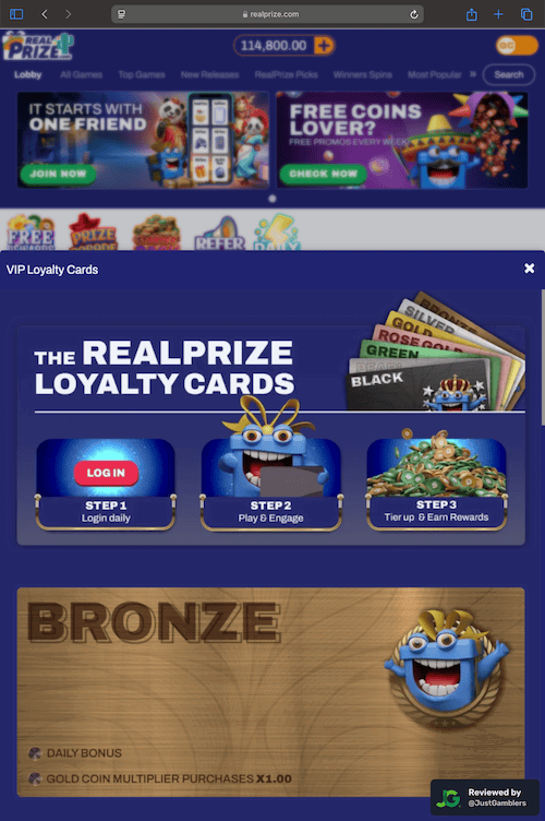 Tablet screenshot of the promo page at RealPrize.