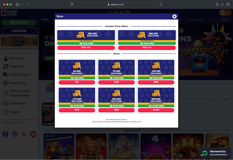 Desktop screenshot of the coin purchase process at RealPrize.