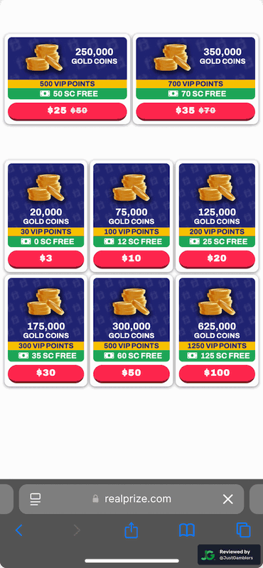 Mobile screenshot of the coin purchase process at RealPrize.