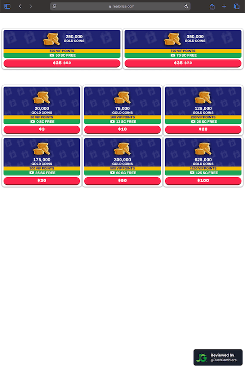 Tablet screenshot of the coin purchase process at RealPrize.