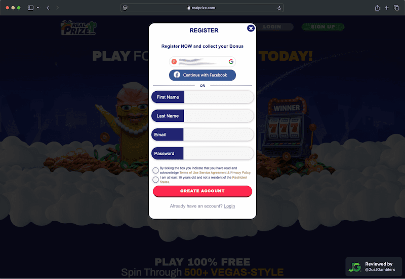 Desktop screenshot of the registration page at RealPrize.