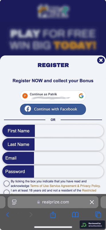 Mobile screenshot of the registration page at RealPrize.