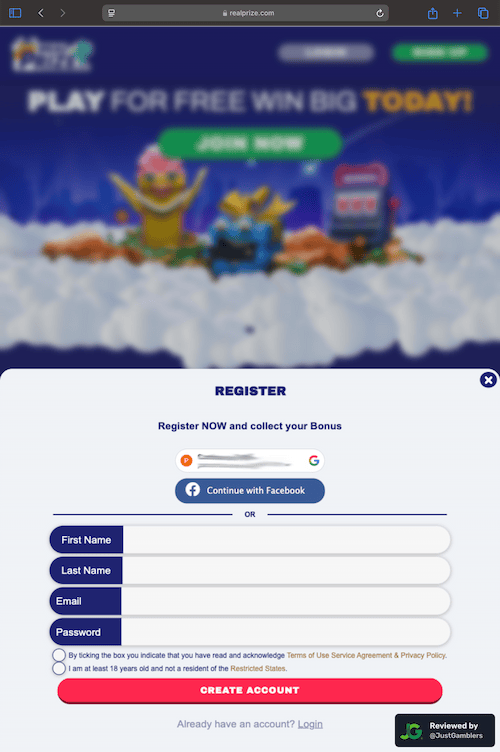 Tablet screenshot of the registration page at RealPrize.
