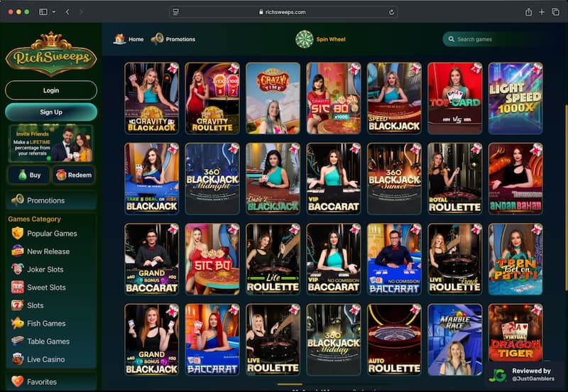 Desktop screenshot of the game library at RichSweeps.
