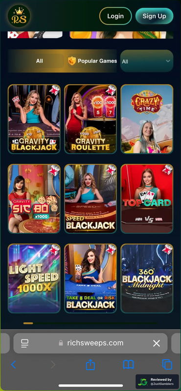 Phone screenshot of the game library at RichSweeps.