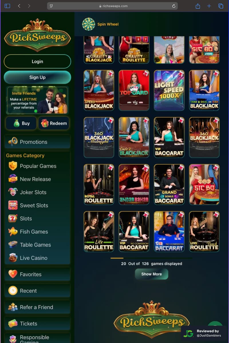 Tablet screenshot of the game library at RichSweeps.