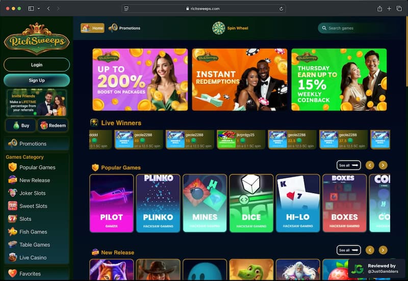 Desktop screenshot of the starting page at RichSweeps.