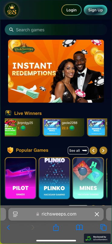 Mobile screenshot of the starting page at RichSweeps.