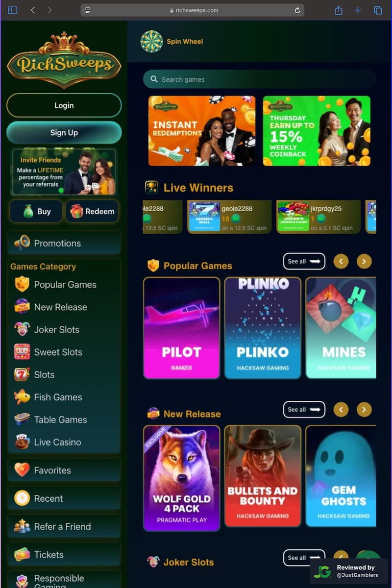 Tablet screenshot of the starting page at RichSweeps.